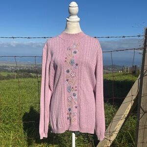 Y2K Cottage Alfred Dunner Pink Beaded Floral Embroidered Mock Neck Sweater 1X